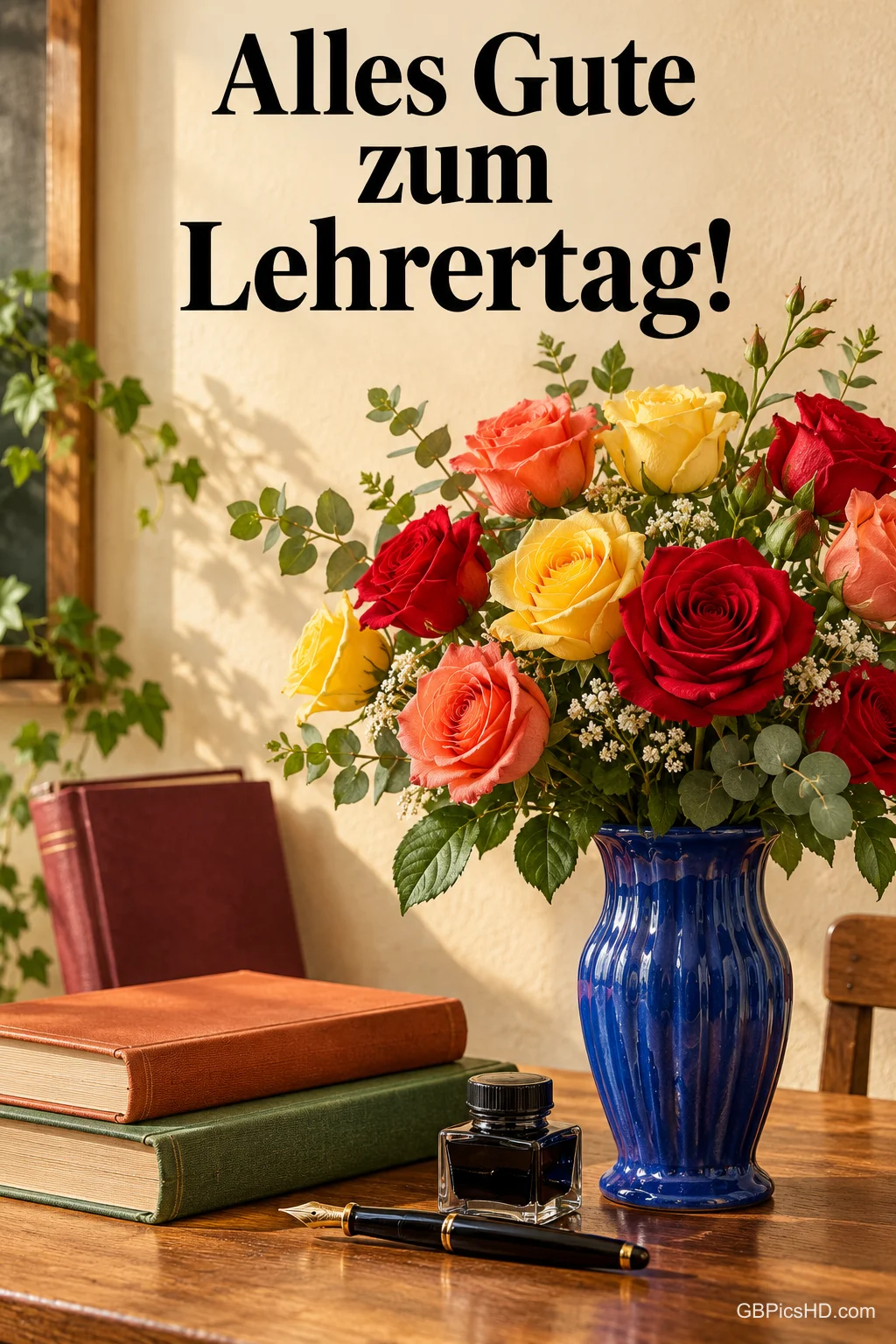Strauß aus bunten Rosen in einer blauen Vase auf einem Holzpult, daneben alte Bücher, ein Tintenfass und ein Füllfederhalter im Sonnenlicht Strauß aus bunten Rosen in einer blauen Vase auf einem Holzpult, daneben alte Bücher, ein Tintenfass und ein Füllfederhalter im Sonnenlicht