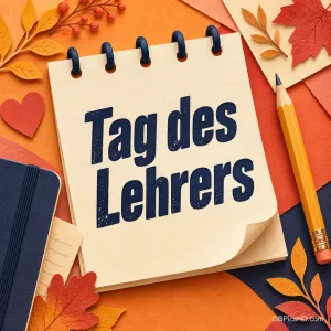 Ringbuch-Notizblock mit dem Schriftzug "Tag des Lehrers" zwischen Herbstblättern aus Papier, einem Bleistift, einem Heft und einem kleinen roten Herz