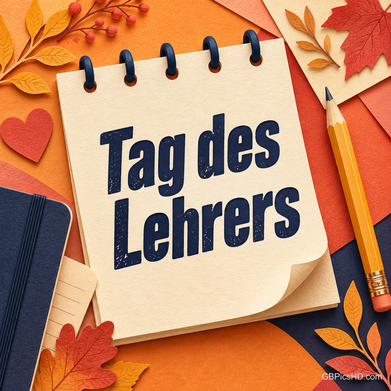 Ringbuch-Notizblock mit dem Schriftzug "Tag des Lehrers" zwischen Herbstblättern aus Papier, einem Bleistift, einem Heft und einem kleinen roten Herz Ringbuch-Notizblock mit dem Schriftzug "Tag des Lehrers" zwischen Herbstblättern aus Papier, einem Bleistift, einem Heft und einem kleinen roten Herz