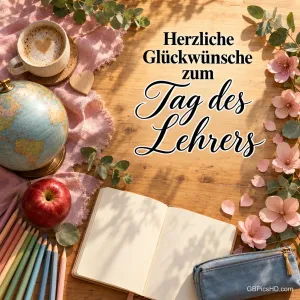Ein Globus, Kaffee, Stifte und ein offenes Heft liegen auf einem Tisch neben "Herzliche Glückwünsche zum Tag des Lehrers".