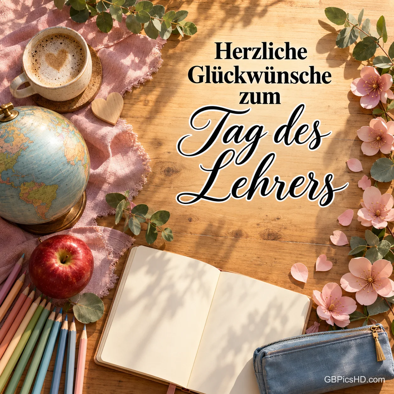 Ein Globus, Kaffee, Stifte und ein offenes Heft liegen auf einem Tisch neben "Herzliche Glückwünsche zum Tag des Lehrers". Ein Globus, Kaffee, Stifte und ein offenes Heft liegen auf einem Tisch neben "Herzliche Glückwünsche zum Tag des Lehrers".