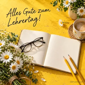 Aufgeschlagenes Notizbuch mit Brille, zwei Bleistiften, Gänseblümchen und einer Tasse Kaffee auf gelbem Untergrund, Gruß "Alles Gute zum Lehrertag!"