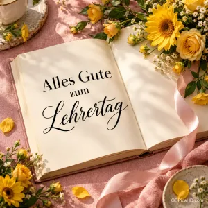 Aufgeschlagenes Buch mit dem Gruß "Alles Gute zum Lehrertag" auf einer rosa Tischdecke, umgeben von gelben Rosen, Sonnenblumen und Satinband