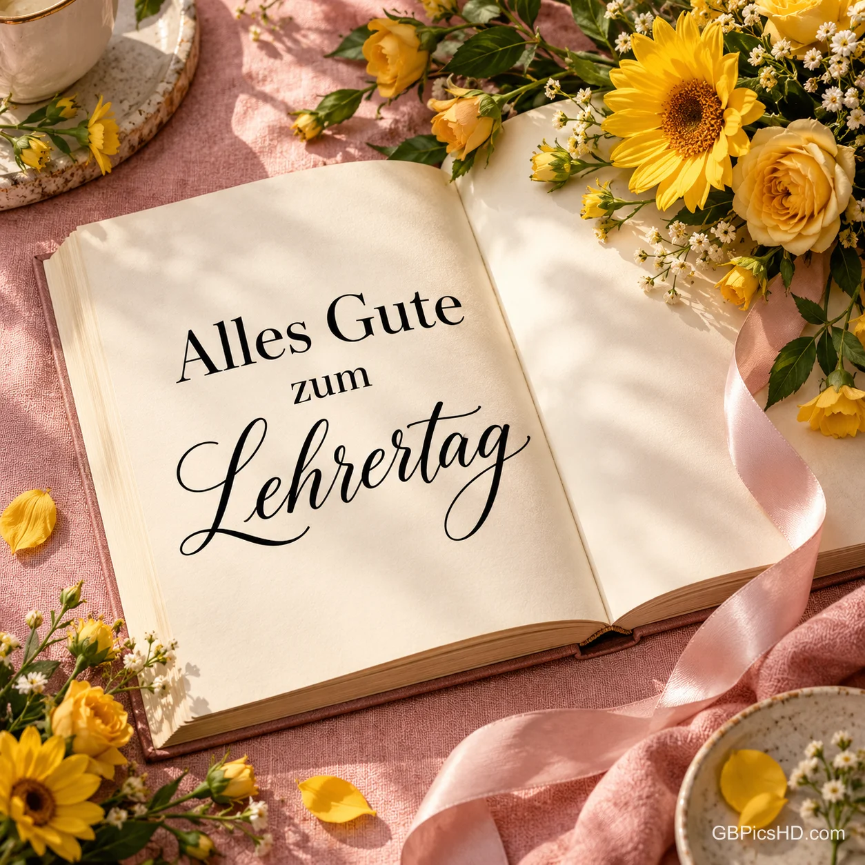 Aufgeschlagenes Buch mit dem Gruß "Alles Gute zum Lehrertag" auf einer rosa Tischdecke, umgeben von gelben Rosen, Sonnenblumen und Satinband Aufgeschlagenes Buch mit dem Gruß "Alles Gute zum Lehrertag" auf einer rosa Tischdecke, umgeben von gelben Rosen, Sonnenblumen und Satinband