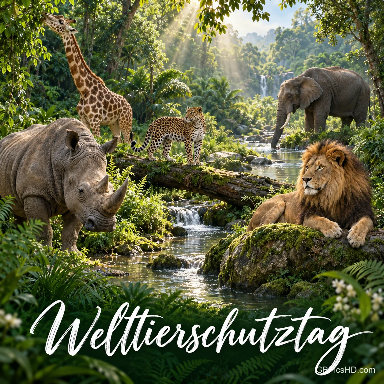 Nashorn, Giraffen, Leopard, Elefant und Löwe an einem Bachlauf mit Wasserfall in einem sonnendurchfluteten grünen Urwald Nashorn, Giraffen, Leopard, Elefant und Löwe an einem Bachlauf mit Wasserfall in einem sonnendurchfluteten grünen Urwald