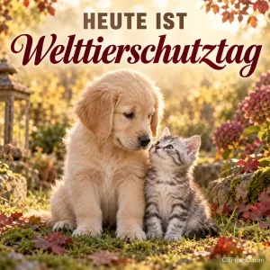 Ein Golden-Retriever-Welpe und ein getigertes Kätzchen kuscheln auf einer herbstlichen Wiese mit Blumen, darüber "Heute ist Welttierschutztag"