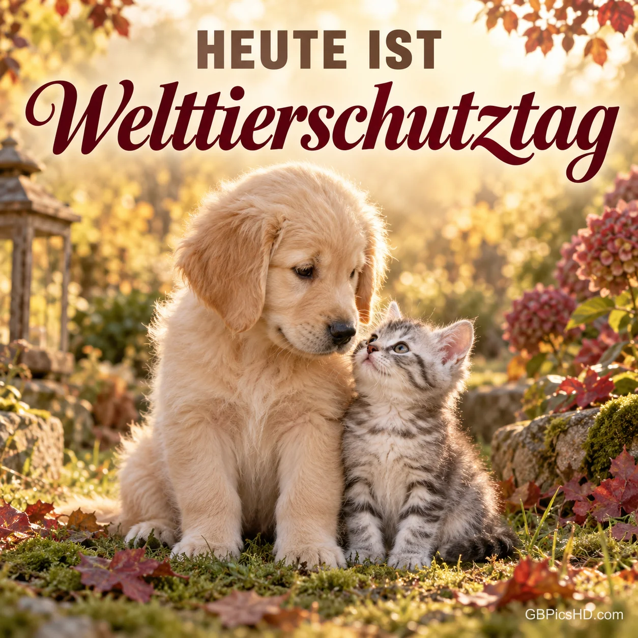 Ein Golden-Retriever-Welpe und ein getigertes Kätzchen kuscheln auf einer herbstlichen Wiese mit Blumen, darüber "Heute ist Welttierschutztag" Ein Golden-Retriever-Welpe und ein getigertes Kätzchen kuscheln auf einer herbstlichen Wiese mit Blumen, darüber "Heute ist Welttierschutztag"