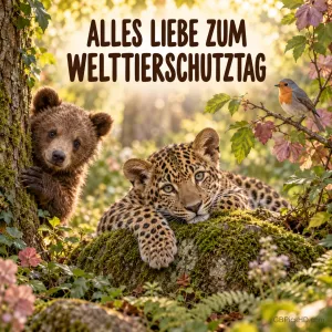 Junger Leopard auf einem moosbewachsenen Stein, ein Bärenjunges hinter einem Baum und ein Rotkehlchen auf einem Zweig im herbstlichen Wald
