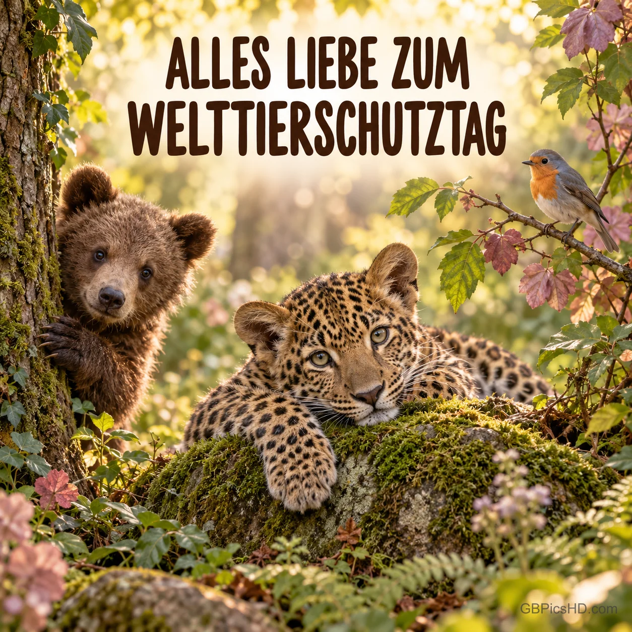 Junger Leopard auf einem moosbewachsenen Stein, ein Bärenjunges hinter einem Baum und ein Rotkehlchen auf einem Zweig im herbstlichen Wald Junger Leopard auf einem moosbewachsenen Stein, ein Bärenjunges hinter einem Baum und ein Rotkehlchen auf einem Zweig im herbstlichen Wald