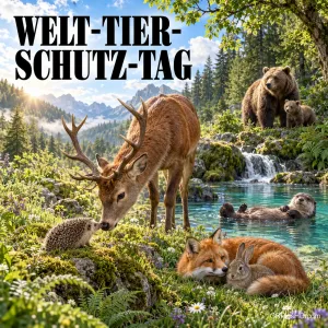 Hirsch, Igel, Bären, Otter, Fuchs und Hase sind an einem Waldgewässer unter dem Schriftzug "WELT-TIER-SCHUTZ-TAG" zu sehen.