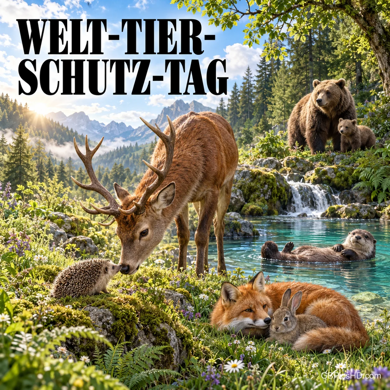 Hirsch, Igel, Bären, Otter, Fuchs und Hase sind an einem Waldgewässer unter dem Schriftzug "WELT-TIER-SCHUTZ-TAG" zu sehen. Hirsch, Igel, Bären, Otter, Fuchs und Hase sind an einem Waldgewässer unter dem Schriftzug "WELT-TIER-SCHUTZ-TAG" zu sehen.