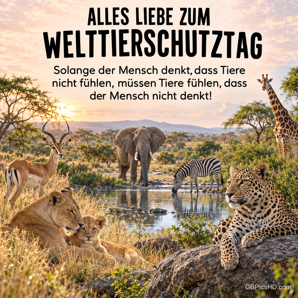 Leopard, Löwin mit Jungem, Antilope, Elefant, Zebra und Giraffe an einer Wasserstelle in der Savanne bei Sonnenuntergang, dazu ein Spruch zum Tierschutz Leopard, Löwin mit Jungem, Antilope, Elefant, Zebra und Giraffe an einer Wasserstelle in der Savanne bei Sonnenuntergang, dazu ein Spruch zum Tierschutz