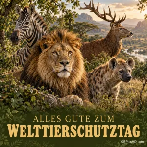Zebra, Löwe, Rothirsch und Hyäne gemeinsam in einer grünen Savannenlandschaft mit Bäumen und Felsen, darunter "Alles Gute zum Welttierschutztag"