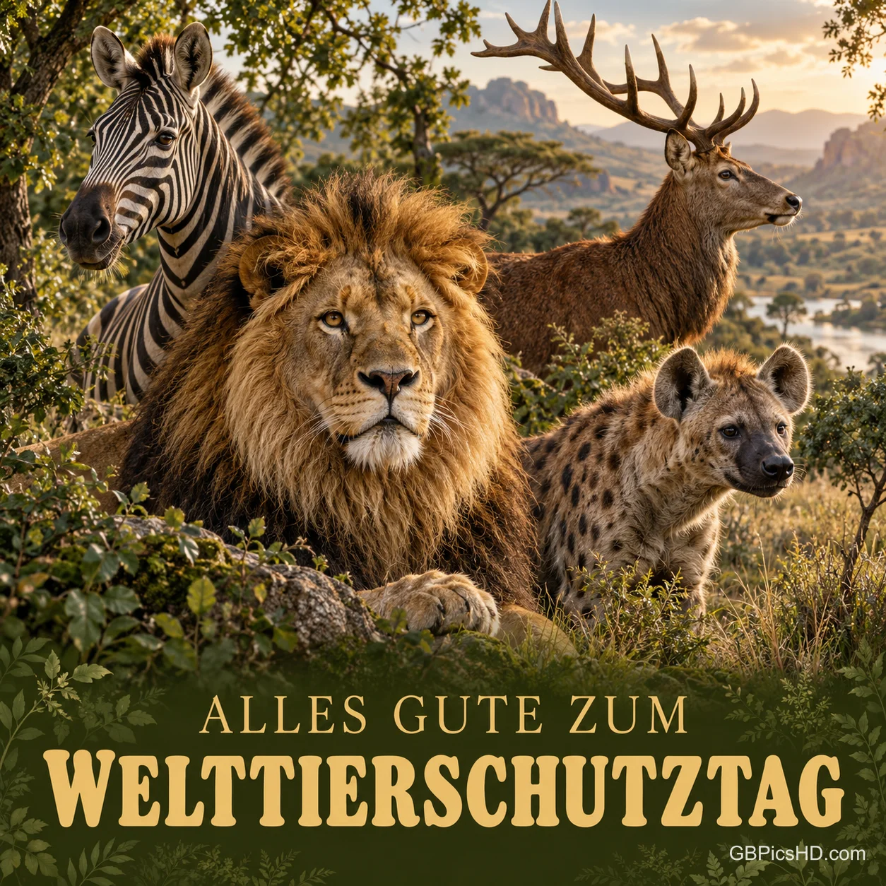 Zebra, Löwe, Rothirsch und Hyäne gemeinsam in einer grünen Savannenlandschaft mit Bäumen und Felsen, darunter "Alles Gute zum Welttierschutztag" Zebra, Löwe, Rothirsch und Hyäne gemeinsam in einer grünen Savannenlandschaft mit Bäumen und Felsen, darunter "Alles Gute zum Welttierschutztag"