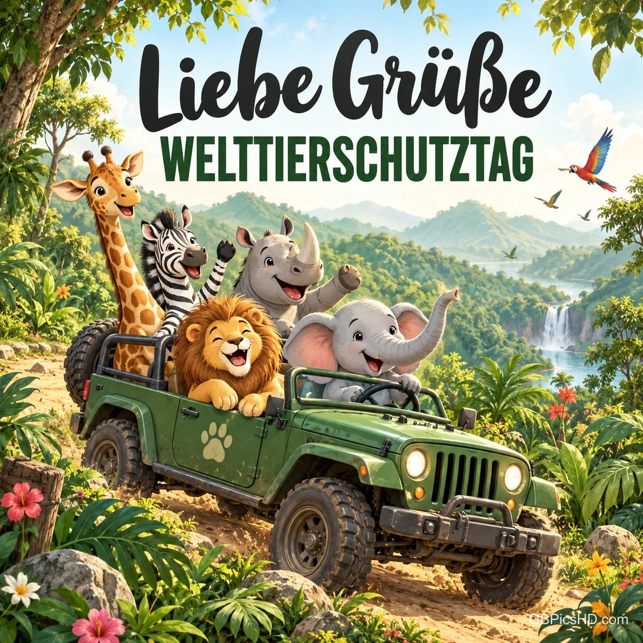 Fröhliche Cartoon-Tiere – Giraffe, Zebra, Nashorn, Löwe und Elefant – fahren gemeinsam in einem grünen Geländewagen durch einen Dschungel mit Wasserfall Fröhliche Cartoon-Tiere – Giraffe, Zebra, Nashorn, Löwe und Elefant – fahren gemeinsam in einem grünen Geländewagen durch einen Dschungel mit Wasserfall