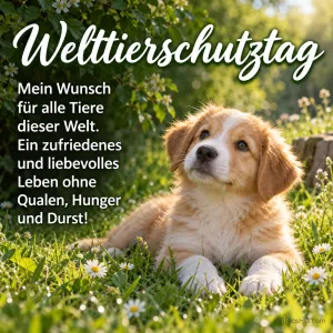 Junger hellbraun-weißer Welpe liegt auf einer sonnigen Wiese mit Gänseblümchen und schaut nach oben, dazu ein Wunsch für alle Tiere zum Welttierschutztag