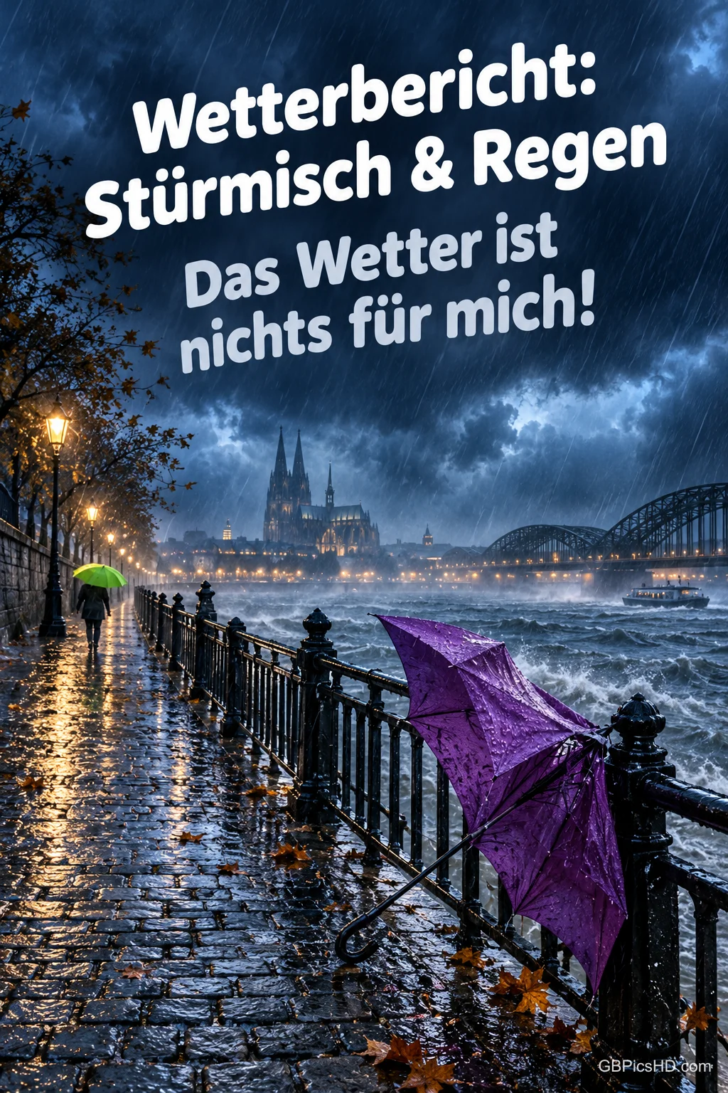 Ein umgeknickter lila Regenschirm an einer nassen Uferpromenade bei Nacht, darüber dunkle Sturmwolken und der Spruch "Wetterbericht: Stürmisch & Regen – Das Wetter ist nichts für mich!". Ein umgeknickter lila Regenschirm an einer nassen Uferpromenade bei Nacht, darüber dunkle Sturmwolken und der Spruch "Wetterbericht: Stürmisch & Regen – Das Wetter ist nichts für mich!".