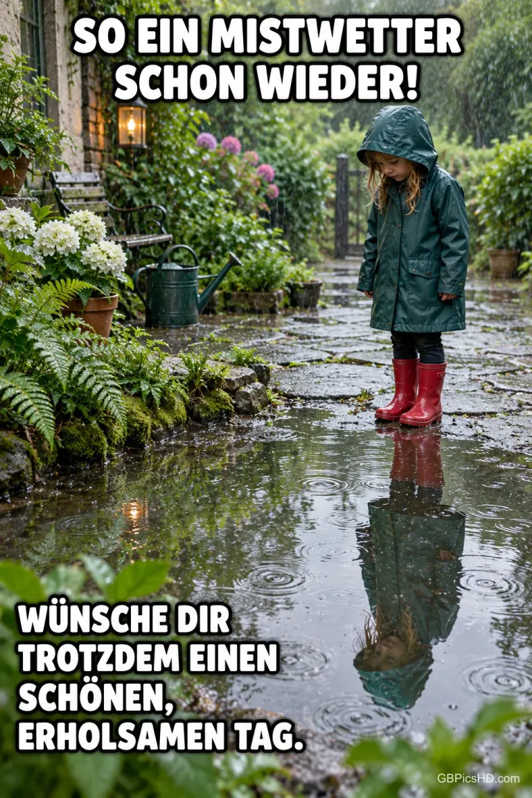 Ein Kind in grüner Regenjacke und roten Gummistiefeln steht in einem verregneten Garten und betrachtet sein Spiegelbild in einer großen Pfütze.