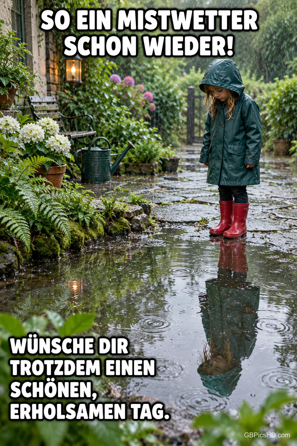 Ein Kind in grüner Regenjacke und roten Gummistiefeln steht in einem verregneten Garten und betrachtet sein Spiegelbild in einer großen Pfütze. Ein Kind in grüner Regenjacke und roten Gummistiefeln steht in einem verregneten Garten und betrachtet sein Spiegelbild in einer großen Pfütze.