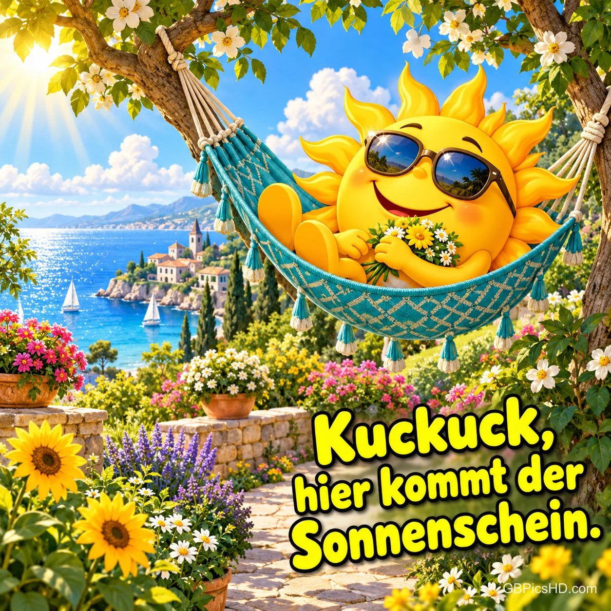 Eine fröhliche Comic-Sonne mit Sonnenbrille liegt mit einem Blumenstrauß in einer Hängematte über einem sonnigen Garten am Meer, dazu "Kuckuck, hier kommt der Sonnenschein.". Eine fröhliche Comic-Sonne mit Sonnenbrille liegt mit einem Blumenstrauß in einer Hängematte über einem sonnigen Garten am Meer, dazu "Kuckuck, hier kommt der Sonnenschein.".