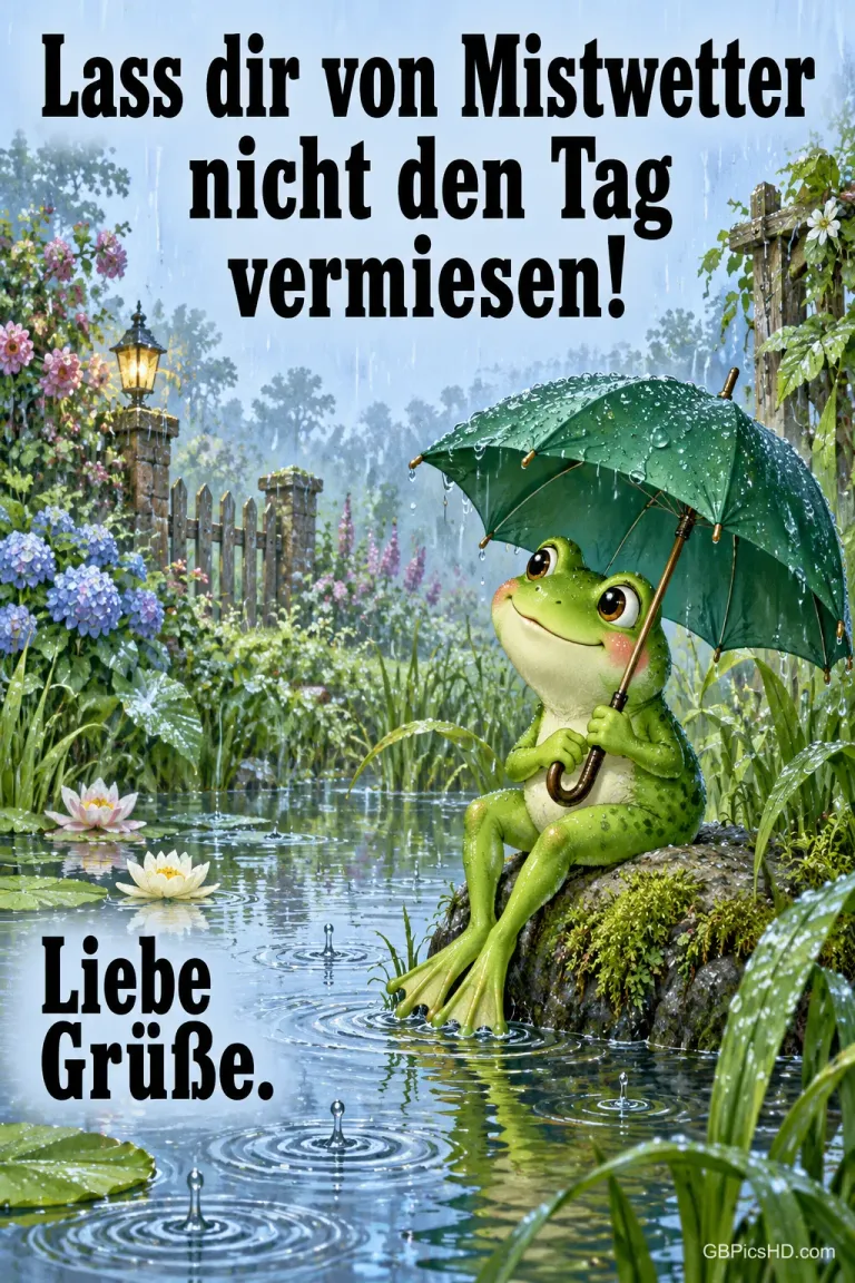 Ein grüner Frosch sitzt mit Regenschirm auf einem bemoosten Stein an einem Teich im Regen, umgeben von Hortensien und Seerosen, dazu ein aufmunternder Spruch.
