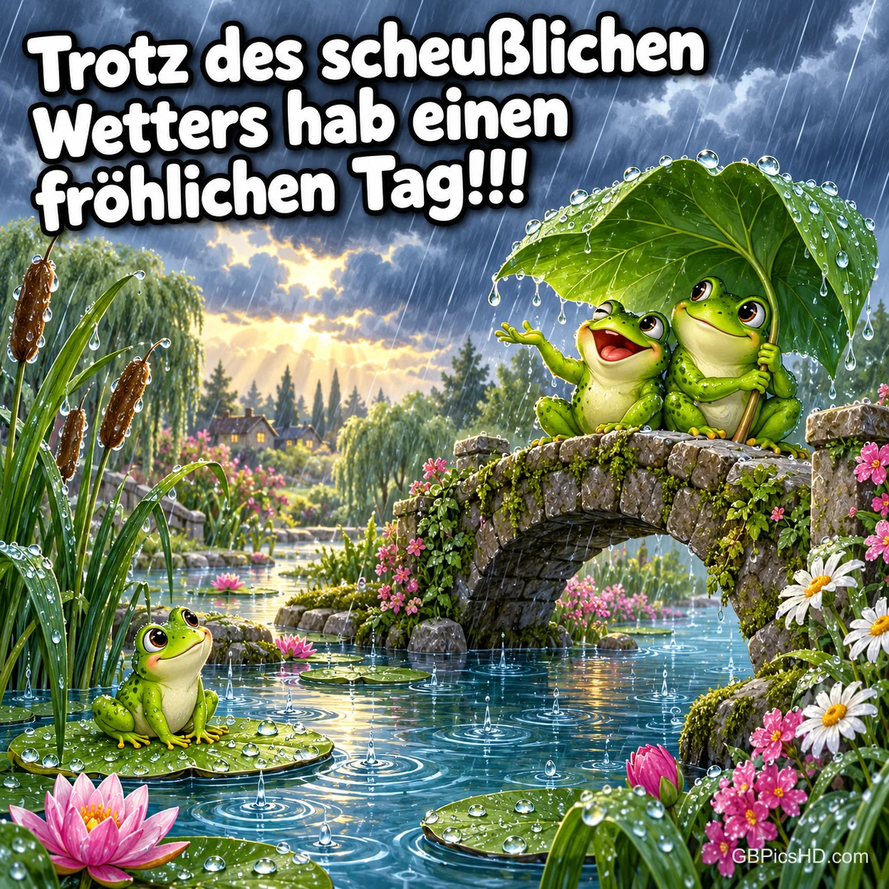 Zwei lachende Frösche sitzen unter einem großen Blatt auf einer Steinbrücke über einem Teich im Regen, ringsum Seerosen und Schilf. Zwei lachende Frösche sitzen unter einem großen Blatt auf einer Steinbrücke über einem Teich im Regen, ringsum Seerosen und Schilf.