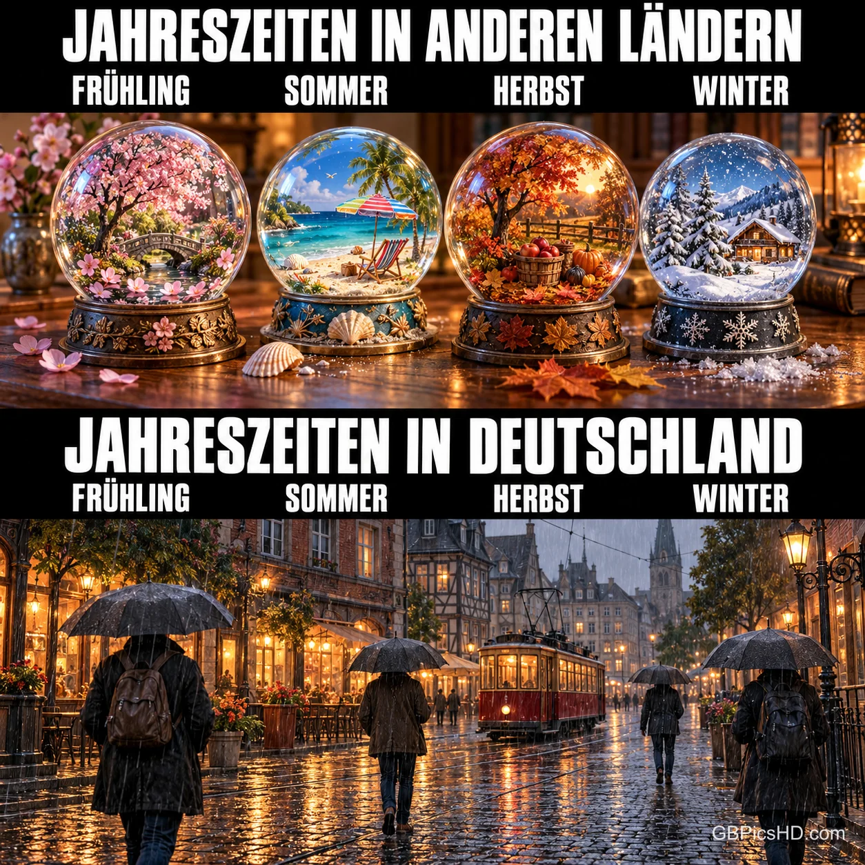 Vier Jahreszeiten in Glaskugeln stehen über einer regnerischen Straße mit dem Titel "JAHRESZEITEN IN DEUTSCHLAND". Vier Jahreszeiten in Glaskugeln stehen über einer regnerischen Straße mit dem Titel "JAHRESZEITEN IN DEUTSCHLAND".