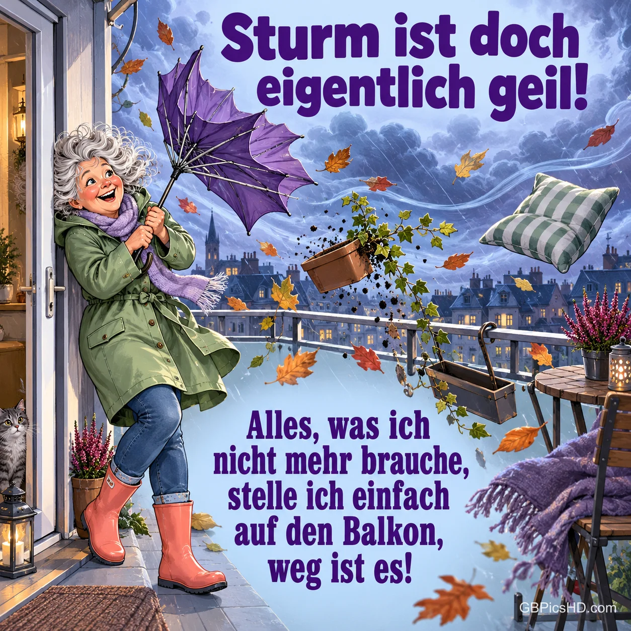 Eine ältere Dame im grünen Mantel lacht auf dem Balkon, während der Sturm Schirm, Kissen und Blumentopf davonweht, dazu ein witziger Spruch. Eine ältere Dame im grünen Mantel lacht auf dem Balkon, während der Sturm Schirm, Kissen und Blumentopf davonweht, dazu ein witziger Spruch.