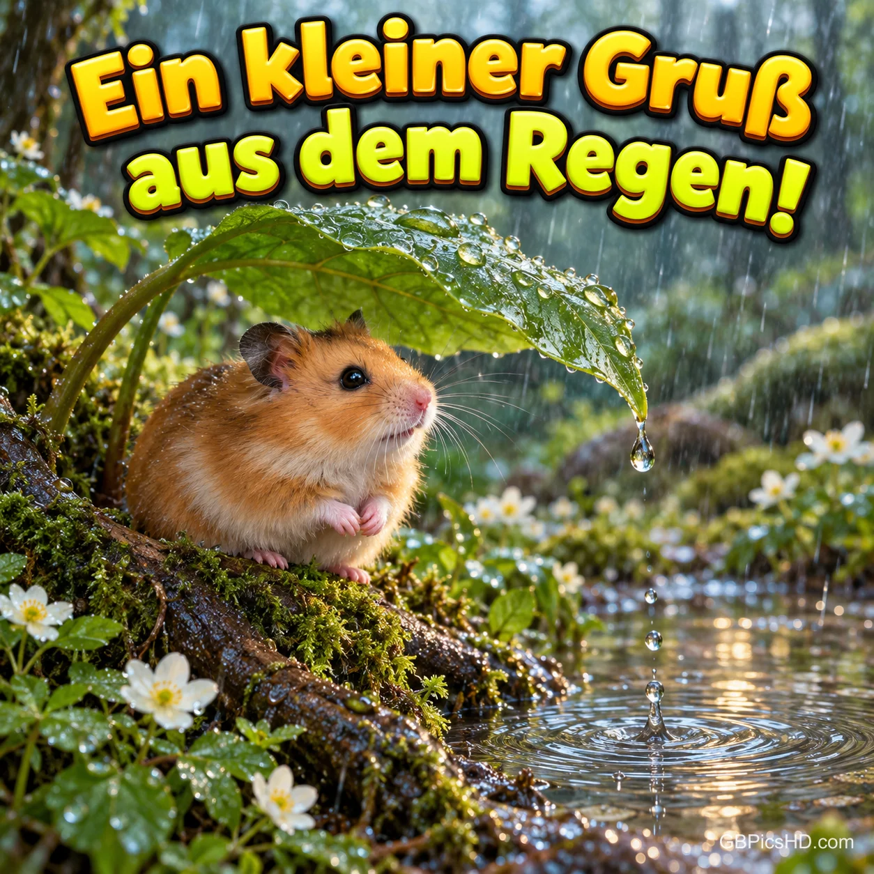 Ein niedlicher Hamster sitzt auf einem bemoosten Ast unter einem großen Blatt, um ihn fallen Regentropfen in eine Pfütze zwischen weißen Blüten. Ein niedlicher Hamster sitzt auf einem bemoosten Ast unter einem großen Blatt, um ihn fallen Regentropfen in eine Pfütze zwischen weißen Blüten.