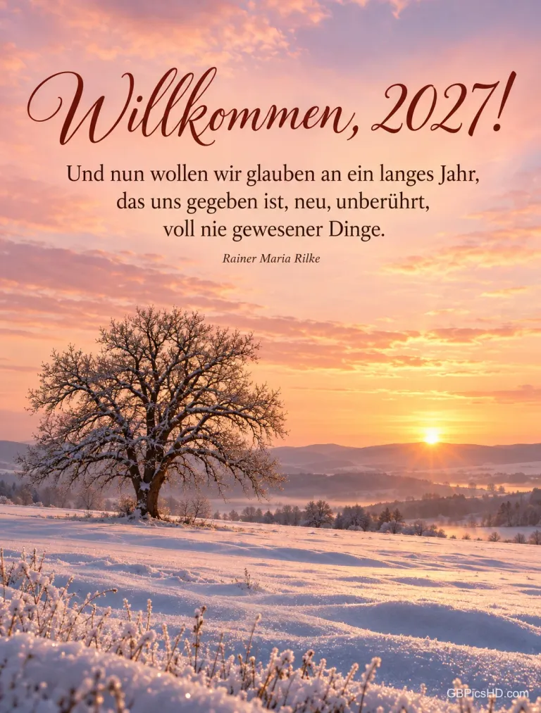 Eine unberührte Schneewiese mit einem alten Baum im rosa-goldenen Licht des Neujahrsmorgens, dazu "Willkommen, 2027!".