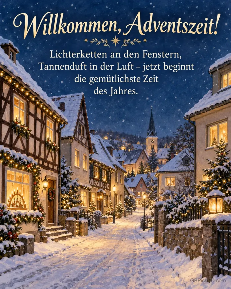 Eine verschneite Wohnstraße mit Fachwerkhäusern, Lichterketten und leuchtenden Schwibbögen in den Fenstern, dazu „Willkommen, Adventszeit!“.