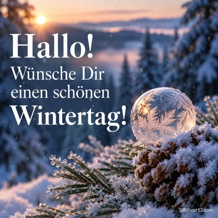 Eine gefrorene Seifenblase mit Eiskristallen liegt auf einem verschneiten Tannenzapfen, dahinter ein Winterwald im Sonnenuntergang und der Gruß zum schönen Wintertag. Eine gefrorene Seifenblase mit Eiskristallen liegt auf einem verschneiten Tannenzapfen, dahinter ein Winterwald im Sonnenuntergang und der Gruß zum schönen Wintertag.