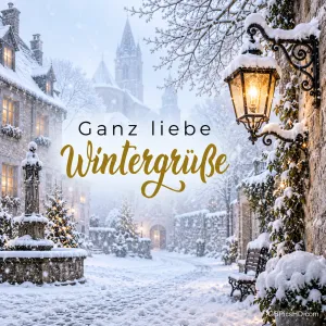 Verschneite Altstadtgasse mit leuchtender Laterne, steinernen Häusern und Kirchturm im Schneegestöber, dazu der goldene Schriftzug "Ganz liebe Wintergrüße".