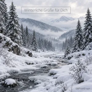 Ein Gebirgsbach schlängelt sich durch ein tief verschneites Tal mit Tannen und nebligen Bergen, oben steht "Winterliche Grüße für Dich".