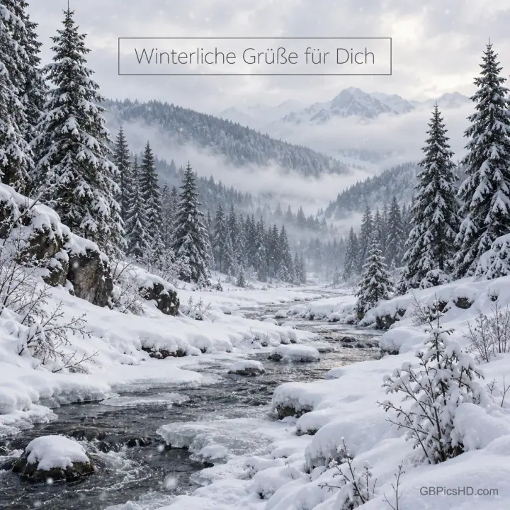 Ein Gebirgsbach schlängelt sich durch ein tief verschneites Tal mit Tannen und nebligen Bergen, oben steht "Winterliche Grüße für Dich". Ein Gebirgsbach schlängelt sich durch ein tief verschneites Tal mit Tannen und nebligen Bergen, oben steht "Winterliche Grüße für Dich".
