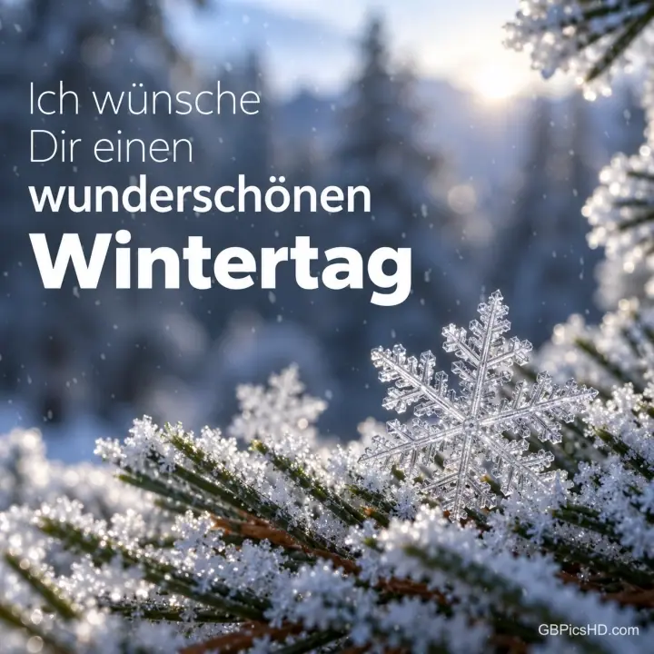 Nahaufnahme einer filigranen Schneeflocke auf bereiften Tannenzweigen vor verschneitem Wald im Gegenlicht mit dem Wunsch für einen wunderschönen Wintertag. Nahaufnahme einer filigranen Schneeflocke auf bereiften Tannenzweigen vor verschneitem Wald im Gegenlicht mit dem Wunsch für einen wunderschönen Wintertag.