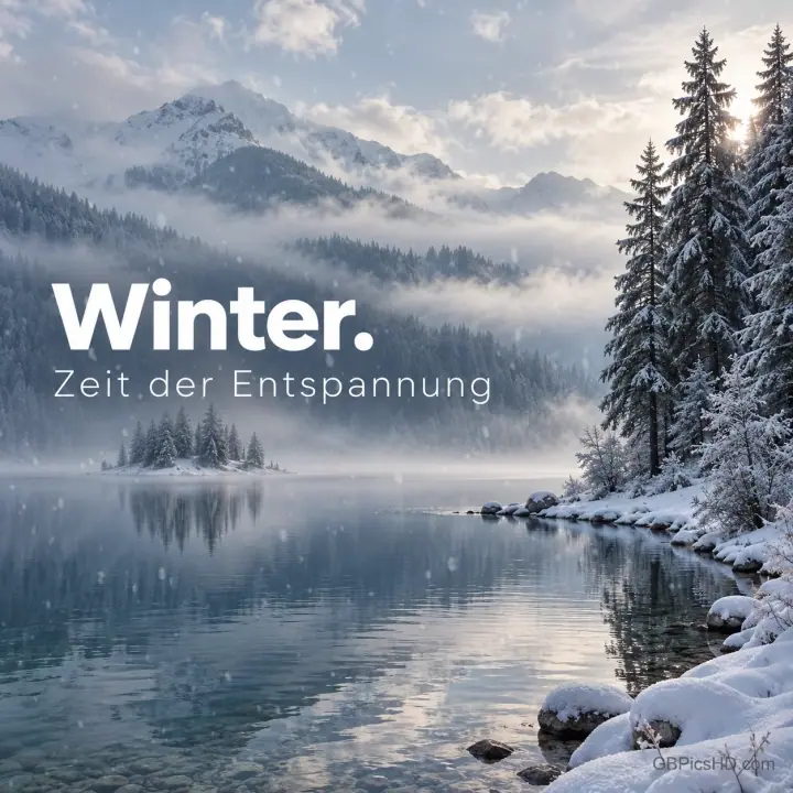 Ruhiger Bergsee mit Spiegelungen, Nebelschwaden und verschneiten Tannen am Ufer, darüber der Schriftzug "Winter. Zeit der Entspannung". Ruhiger Bergsee mit Spiegelungen, Nebelschwaden und verschneiten Tannen am Ufer, darüber der Schriftzug "Winter. Zeit der Entspannung".