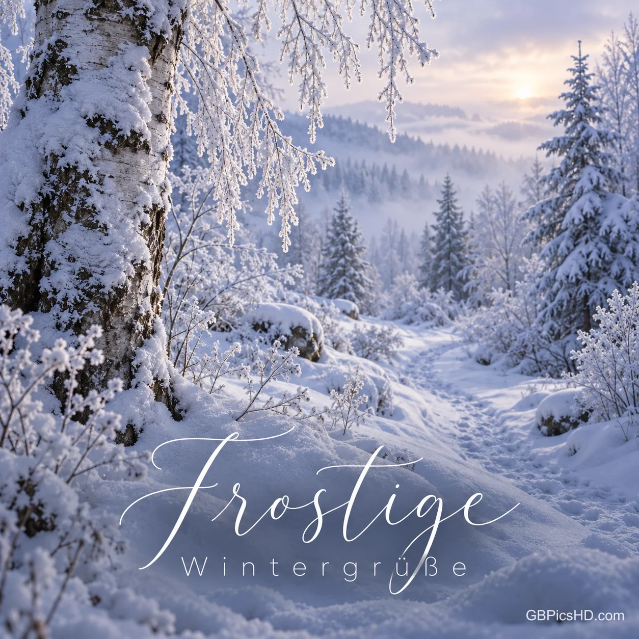 Verschneiter Waldweg mit bereiften Birken und Tannen im sanften Morgenlicht, in eleganter Schreibschrift stehen die Worte "Frostige Wintergrüße". Verschneiter Waldweg mit bereiften Birken und Tannen im sanften Morgenlicht, in eleganter Schreibschrift stehen die Worte "Frostige Wintergrüße".