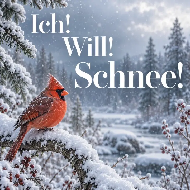 Ein roter Kardinal sitzt auf einem verschneiten Ast mit roten Beeren vor einer Winterlandschaft mit Bach, daneben der Ausruf "Ich! Will! Schnee!". Ein roter Kardinal sitzt auf einem verschneiten Ast mit roten Beeren vor einer Winterlandschaft mit Bach, daneben der Ausruf "Ich! Will! Schnee!".