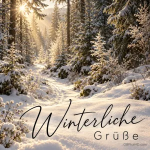 Sonnenstrahlen fallen durch einen tief verschneiten Tannenwald auf einen schmalen Pfad, unten steht in Schreibschrift "Winterliche Grüße".