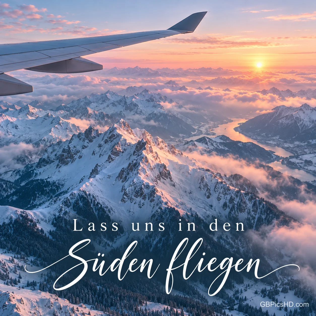 Blick aus dem Flugzeugfenster auf die Tragfläche über verschneiten Berggipfeln und Wolken im Abendrot, dazu "Lass uns in den Süden fliegen". Blick aus dem Flugzeugfenster auf die Tragfläche über verschneiten Berggipfeln und Wolken im Abendrot, dazu "Lass uns in den Süden fliegen".