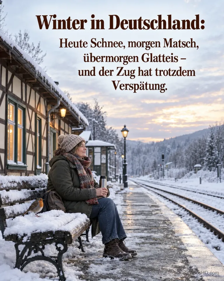Eine Frau mit Schal und Thermoskanne wartet geduldig auf einem verschneiten Bahnsteig vor einem Fachwerk-Bahnhof, neben ihr ein Rotkehlchen, dazu "Winter in Deutschland".