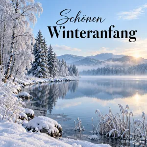 Verschneite Birken und Tannen an einem stillen See, im Hintergrund Berge im Morgendunst und die tief stehende Wintersonne über dem Wasser