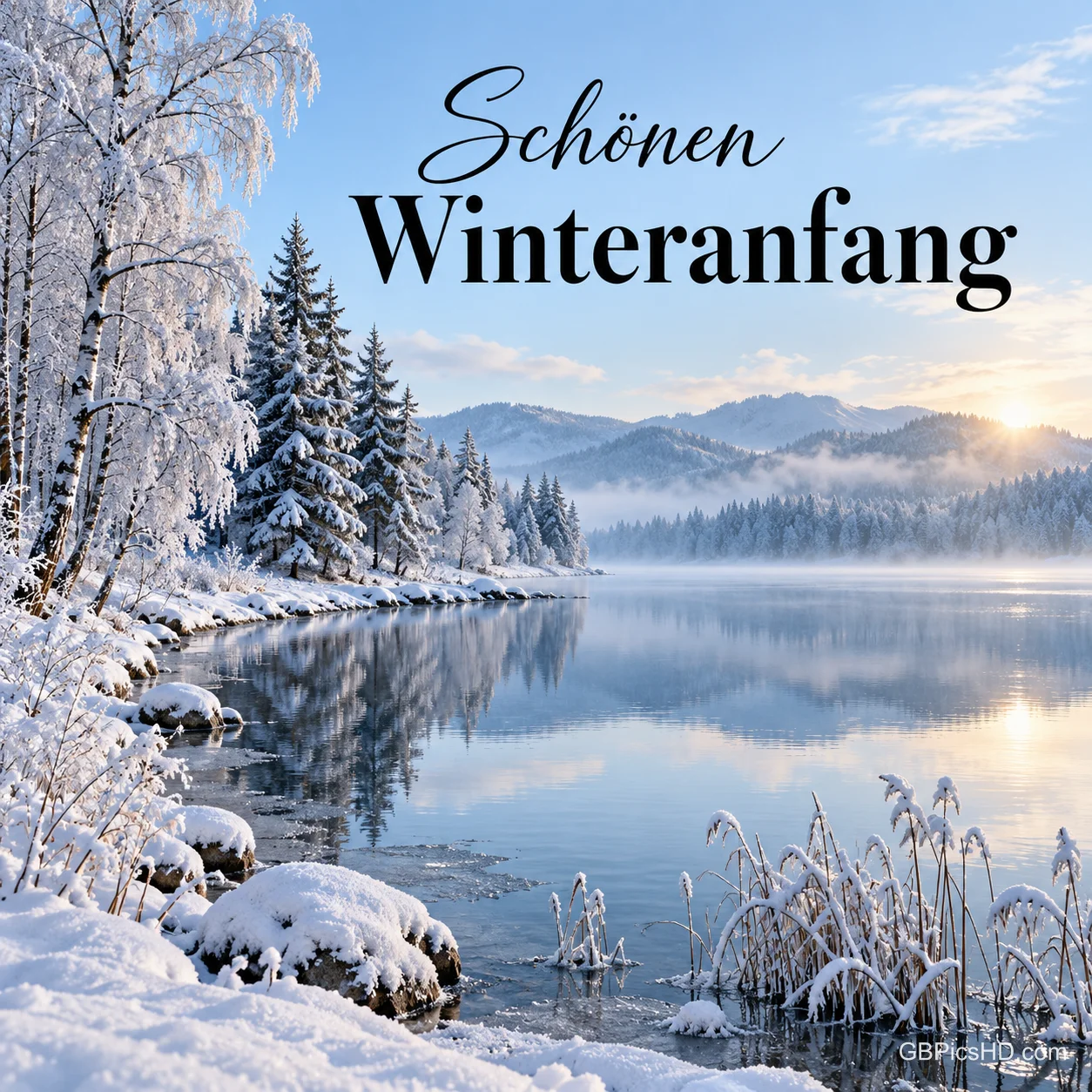 Verschneite Birken und Tannen an einem stillen See, im Hintergrund Berge im Morgendunst und die tief stehende Wintersonne über dem Wasser Verschneite Birken und Tannen an einem stillen See, im Hintergrund Berge im Morgendunst und die tief stehende Wintersonne über dem Wasser