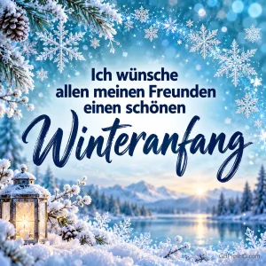 Verschneite Tannenzweige, Eiskristalle und eine leuchtende Laterne vor einem Bergsee im Winterlicht, in der Mitte der Gruß "Ich wünsche allen meinen Freunden einen schönen Winteranfang"