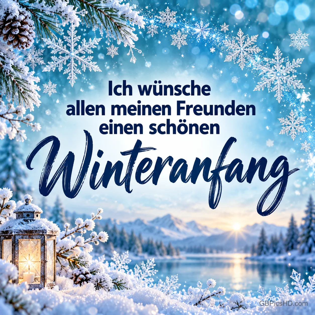 Verschneite Tannenzweige, Eiskristalle und eine leuchtende Laterne vor einem Bergsee im Winterlicht, in der Mitte der Gruß "Ich wünsche allen meinen Freunden einen schönen Winteranfang" Verschneite Tannenzweige, Eiskristalle und eine leuchtende Laterne vor einem Bergsee im Winterlicht, in der Mitte der Gruß "Ich wünsche allen meinen Freunden einen schönen Winteranfang"