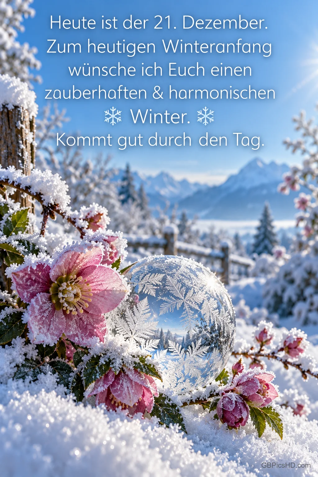 Rosa Christrosen und eine gefrorene Seifenblase mit Eisblumen im Schnee vor verschneiter Berglandschaft, darüber ein Gruß zum Winteranfang am 21. Dezember Rosa Christrosen und eine gefrorene Seifenblase mit Eisblumen im Schnee vor verschneiter Berglandschaft, darüber ein Gruß zum Winteranfang am 21. Dezember