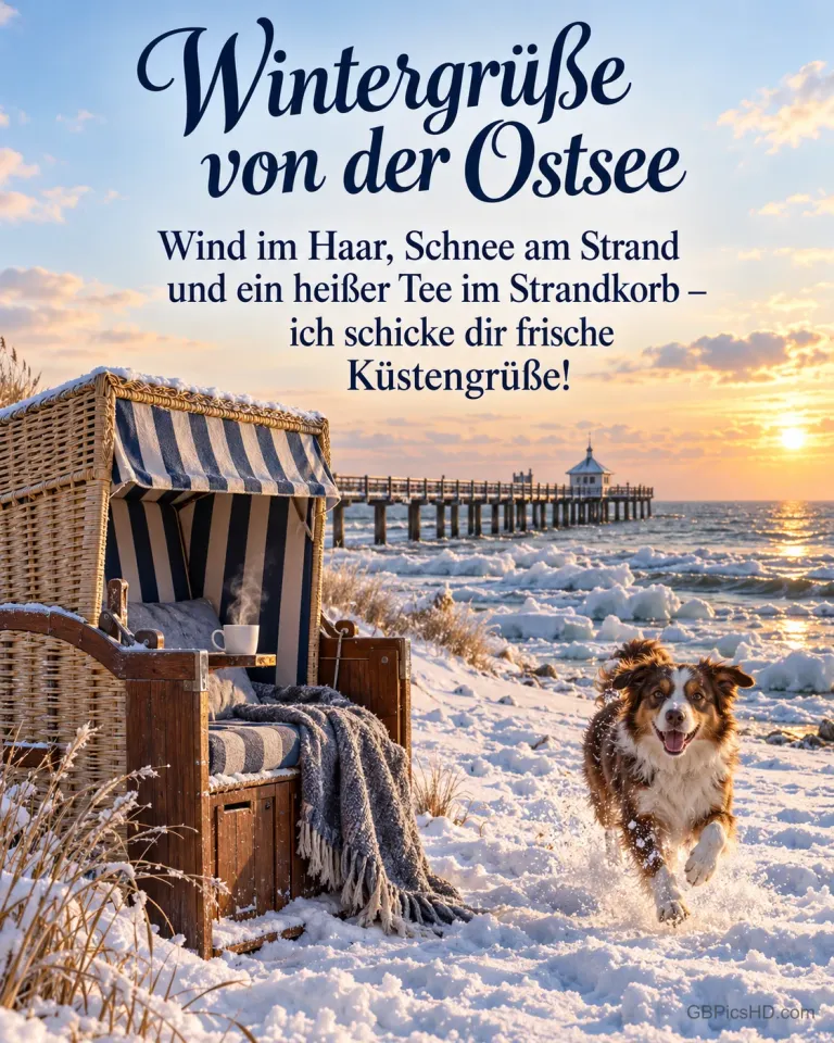 Ein Strandkorb steht am verschneiten Ostseestrand mit Seebrücke, ein Hund tobt durch den Schnee, dazu "Wintergrüße von der Ostsee".