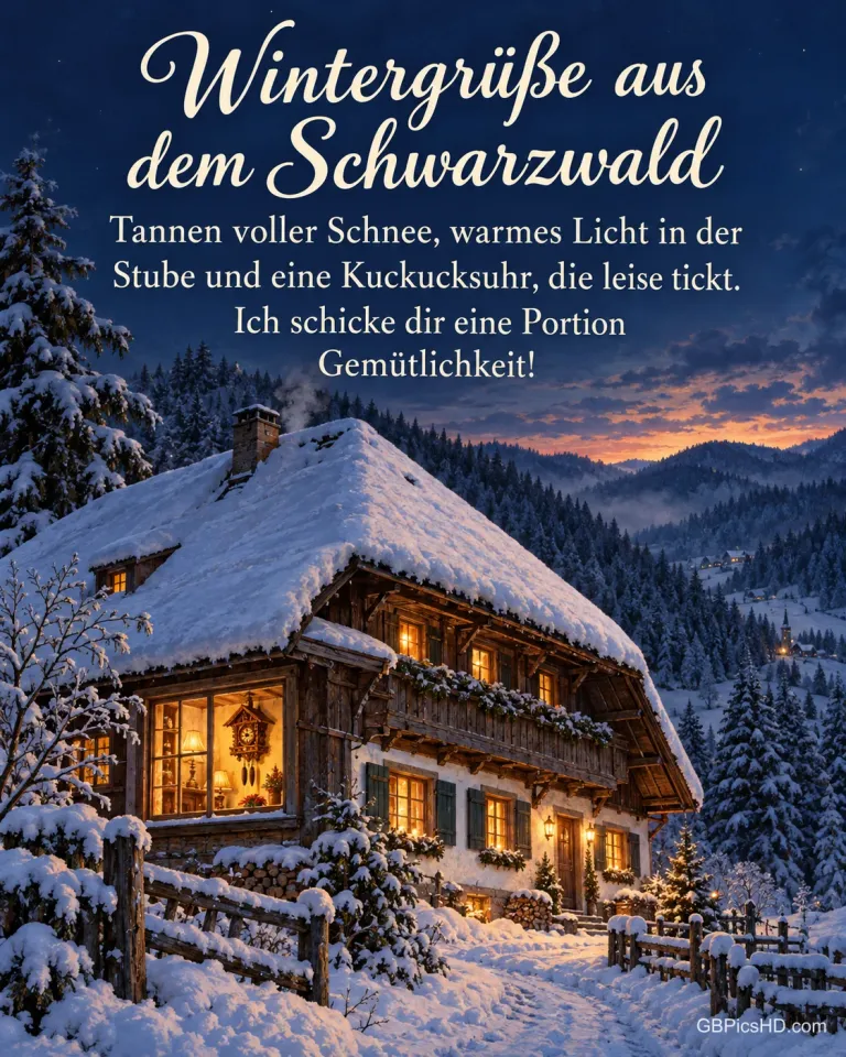 Ein Schwarzwaldhof mit tief verschneitem Dach liegt in der Abenddämmerung im Tannental, durch ein Fenster sieht man eine Kuckucksuhr, dazu "Wintergrüße aus dem Schwarzwald".