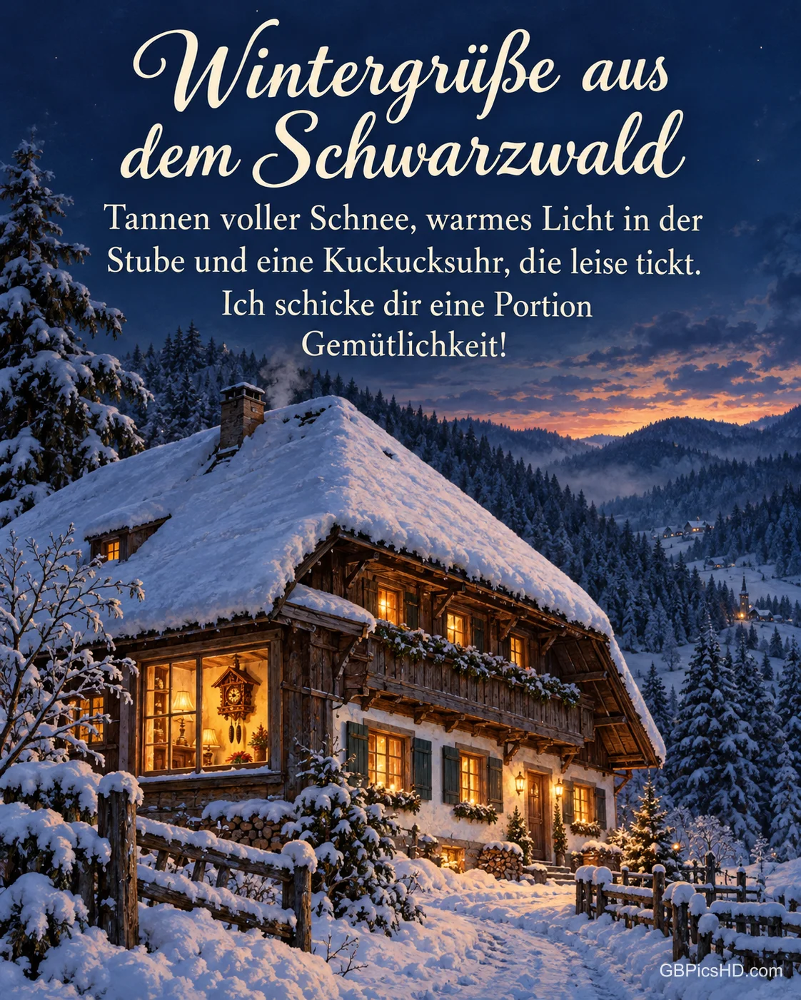 Ein Schwarzwaldhof mit tief verschneitem Dach liegt in der Abenddämmerung im Tannental, durch ein Fenster sieht man eine Kuckucksuhr, dazu "Wintergrüße aus dem Schwarzwald".